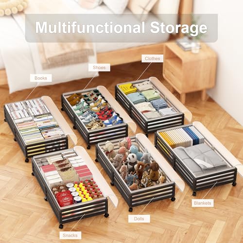 Under Bed Storage Containers With Wheels - 2 Pcs Large Bamboo Wood Rolling Underbed Shoe Storage Bins With Dust Bags for Clothes Blankets, Duvet Covers Snacks Toys (Black) - color: Black, size: L