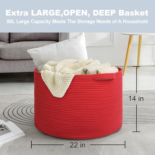 MEGASKET Extra Large Red Basket for Organizing, 22" X 22" X 14" Woven Cotton Rope Bins for Blankets, Baby Nursery Wicker Laundry Basket, Kids Dog Toy Storage Box, Big Red Living Room Decor Organizer - color: Red, size: 22"x22"x14"