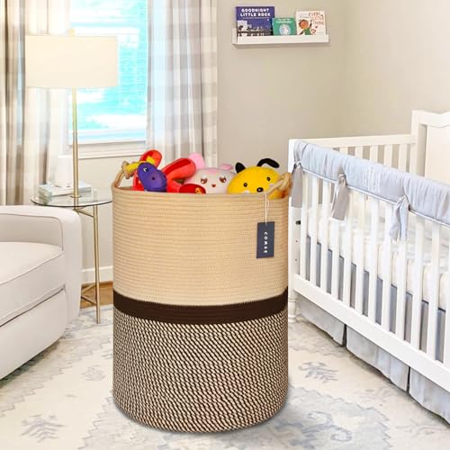 COMSE Extra Large Blanket Basket, Tall Woven Storage Basket, Nursery Hamper, 15.7”x 21.7”, Cotton Rope Laundry Hamper for Toys Clothes Towels, Blend Brown/Black - color: Blend Brown & Black