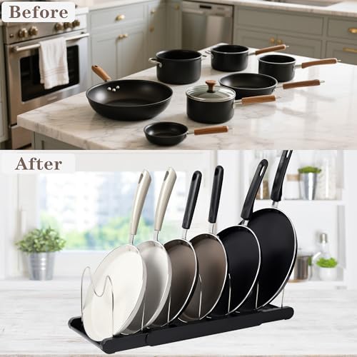 Expandable Pot and Pan Organizer Rack with 7 Stainless Steel Adjustable Shelves, for Neatly Storing Cookware, Pots, Pans, Lid (Style 2) - color: black