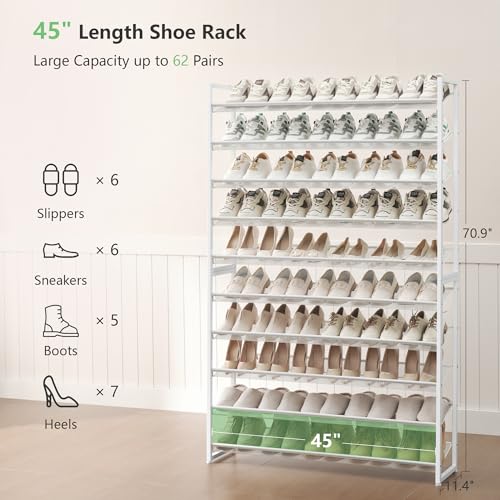 Nunsino Shoe Rack, Long Shoe Organizer,Max Holds 62 Pairs,10 Tier Metal Shoe Storage Shelf,5-Tier Stackable Shoes Organizer for Garage, Entryway,White - color: White, size: 10 Tier