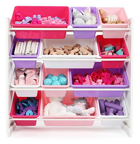 Humble Crew Toy Storage Organizer with 12 Removable Storage Bins for Kids Playroom, 4-Tier Toddler Toy Organization, White/Purple/Pink - color: White/Purple/Pink