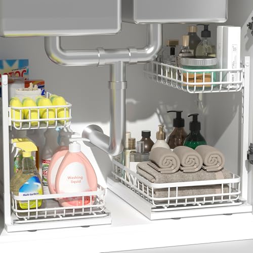Under Sink Organizer, Adjustable Height Pull-Out Kitchen Storage Organization,15.8" x 11.8" x 16.5", 2-Tier Kitchen Shelf, Bathroom Drawer Organizer, 2 Pack|White - color: White, size: B 2 Pack