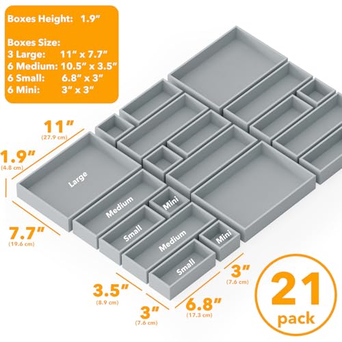 SpaceAid 21-Piece Bamboo Drawer Organizer Storage Boxes Set, Wood Tray Junk Drawer Organizers Multi-Use Divider Bins for Kitchen, Bathroom, Office Desk and Makeup Organization (21 Pack, Gray) - color: Gray
