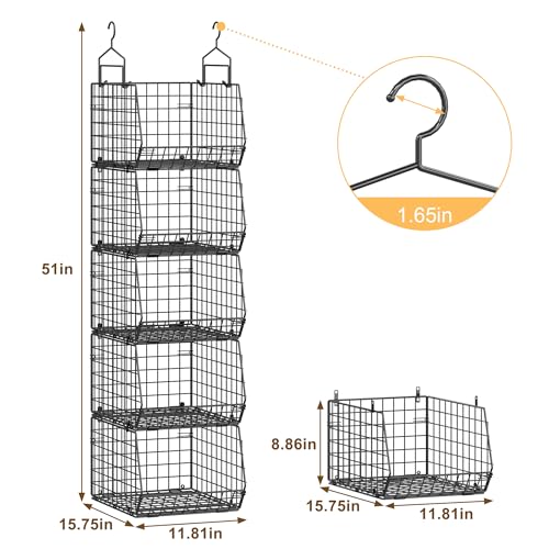 Capacity Upgrade Edition Deeper 4'' 5 Tier Foldable Hanging Closet Organizer and Storage，Wire Cabinet Shelves and Rack with 5 S Hooks,Stackable Metal Basket Bins for Clothes Shoe Purse,Black - color: Black, size: 5-Tier