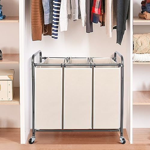 STO STO Laundry Sorter 3 Section, 3 Bag Clothes Hamper, Rolling Laundry Cart Basket with Heavy Duty Lockable Wheels and Removable Bag for Laundry Room, Bedroom, Closet, Beige - color: Beige, size: 3-Section