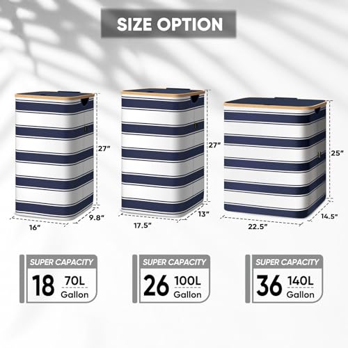 BALEINE Laundry Hamper with Lid, Tall Laundry Baskets with Bamboo Pull Handles, Large Laundry Bin with Internal Support (18 Gal/70L, Blue Stripe) - color: Blue Stripe, size: 70 liters