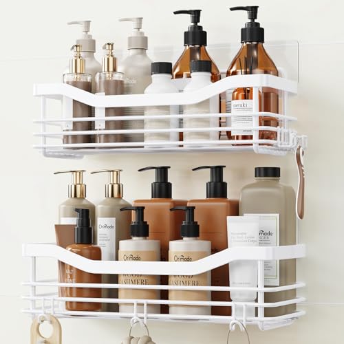 Orimade Shower Caddy Basket Shelf Storage Rack, No Drilling Wall Mounted Adhesive Rust Resistant Stainless Steel Shower Organizer with 5 Hooks for Bathroom, White 2 Pack - color: White, size: 4.56"D x 11.02"W x 3.11"H