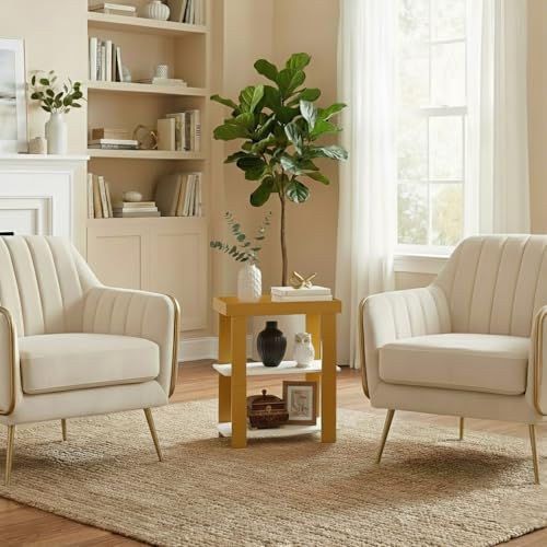 Modern 3-Tier Gold Side Table, Narrow End Table with White Tray Top Shelves, Slim Nightstand Bedside Table for Small Spaces, Living Room, Bedroom, Bathroom Storage Organizer Stand (White+Gold) - color: White + Gold