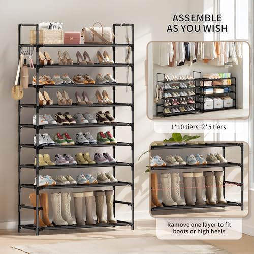 Shoe Rack, 10 Tier Shoe Storage Organizer with Hooks,Fit 40-45 Pairs Shoes,Nonwoven Fabric Tall Shoe Shelf for Closet,Entryway, Hallway,Garage,Bedroom,Cloakroom - color: Nonwoven Fabric, size: X-Large