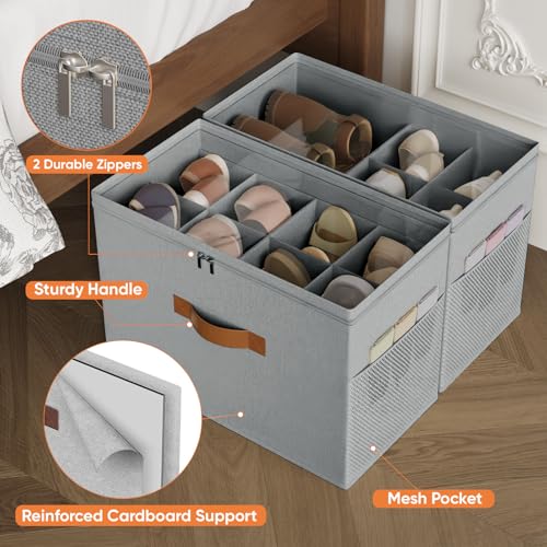 2 Pack Shoe Organizer for Closet,Foldable Shoe Storage Organizer with Adjustable Dividers, Shoe Storage Box with Clear Cover, Fits up to 16 Pairs, Gray - color: Gray, size: 2 Pack