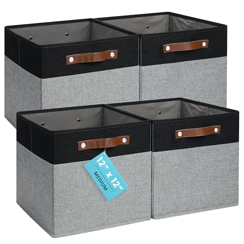 OrganiHaus 12" x 12" x 12" Fabric Storage Bins - Set of 4, Cube Canvas Organizer Bins with Vegan Handles, Kallax Storage Cubes, Cubbies Organizer Boxes, 12 Inch Cubic Baskets for Shelves - Grey/Black - color: Gray Base / Black, size: (12x12) Leather Handl