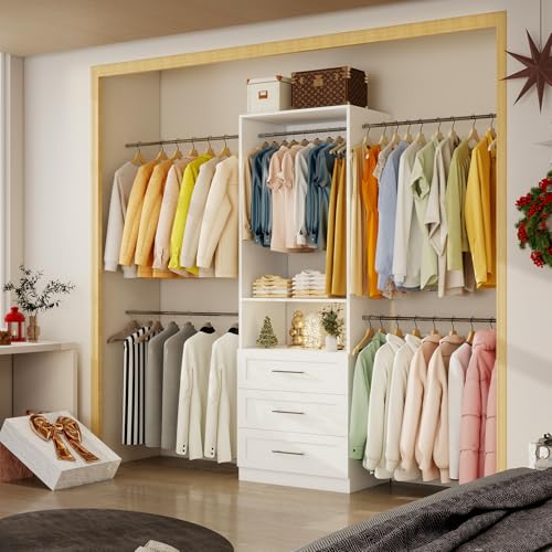 Vomavex Closet System, 4FT-8FT-9FT Closet Organizer With Drawers Wooden, Walk in Closet System with 5pcs Hanging Rods and Shelves Storage, Closet Built in System Wardrobe Organizer, White - color: 4-9FT