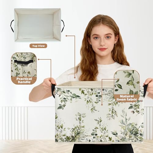 Watercolor Green Botanical Storage Box Bins, Rustic Cottagecore Flower Botanical Collapsible Storage Basket Organizer for Bedroom Laundry Room Home Clothes Toys Books, Toybox for Girls - color: Floral F