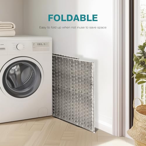 DUMOS Wicker Laundry Basket with Lid, 110L Woven Laundry Hamper with Handles, Foldable Rattan Clothes Hamper with Removable Liner & Sturdy Steel Frame, Dove Gray - color: Dove Gray, size: 110L