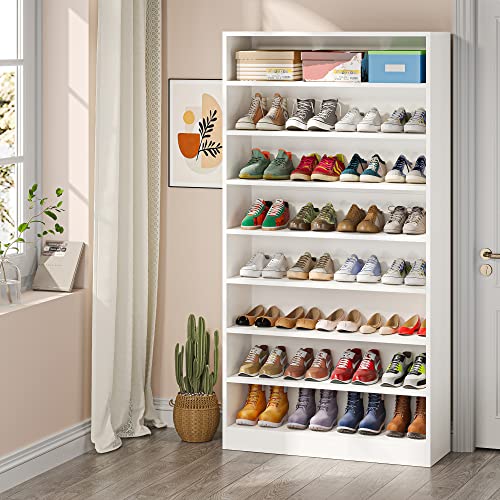Tribesigns Shoe Cabinet, 9 Tiers 40-45 Pairs Heavy Duty Wood Freestanding Shoe Storage Cabinet, 70.8'' Tall Shoe Cabinet with Open Storage for Entryway, White - color: White