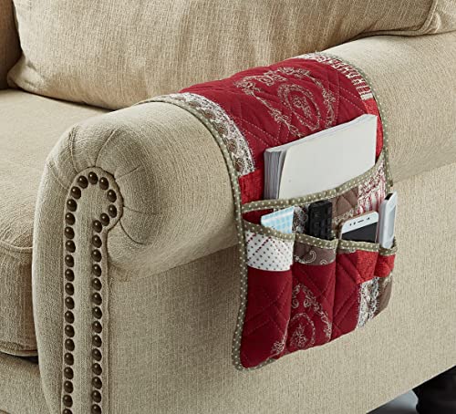 Brilliant Sunshine Burgundy Floral Patchwork Couch Armrest 5 Pockets Organizer, Slip Resistant Armchair Caddy, Washable Remote Controls Holder, Storage for Magazine, Tablet, iPad, 35×13", Burgundy - color: Burgundy