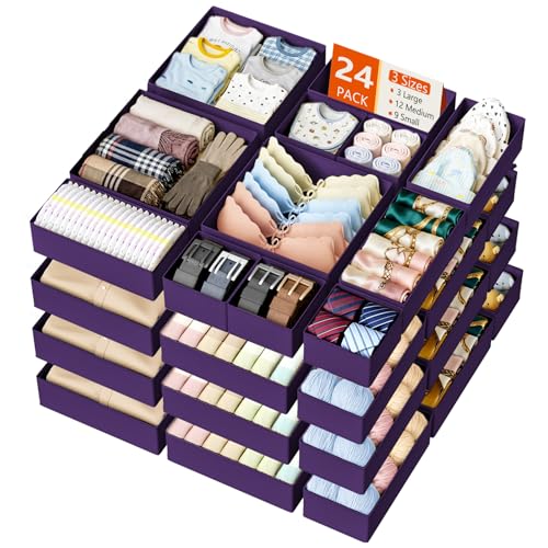 DIMJ Drawer Organizer Clothes - 24 Pack Closet Drawer Organizer Bins for Baby Clothes Storage, Fabric Dresser Organizer for Nursery Bedroom, Foldable Small Drawer Dividers for Underwear Socks - color: Purple, size: 24 Pack