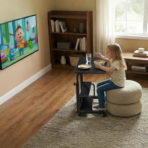 WINAZ Small Rolling Desk for Small Spaces - 24" Portable Kids Desk with Wheels, Height Adjustable C Shaped Side Table Mobile Laptop Desks with 2-Tier Storage Shelves for Bed Sofa, Black - color: Black