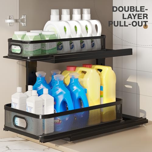 2 Pack 18.5IN-Depth Under Sink Organizer With Next-Gen Ball-Bearing Slides,2-Tier Precision Mesh Pull Out Cabinet Storage for Bathroom&Kitchen,Height Adjustable Drawers Shelf,Anti-rust-Black - color: Black, size: 2 Pack-18.5"Dx12.4"-16.5"H
