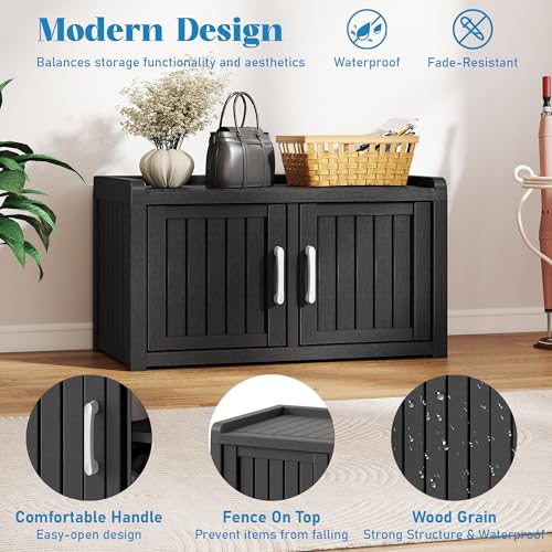 KAMABOKO Outdoor Shoe Storage Cabinet, Waterproof UV-Resistant Entryway Storage Bench Indoor Outdoor with 2 Barn Doors, Adjustable Shelves for Entryway, Bedroom, Hallway,Living Room(Classic Black) - color: Classic Black, size: Double Door