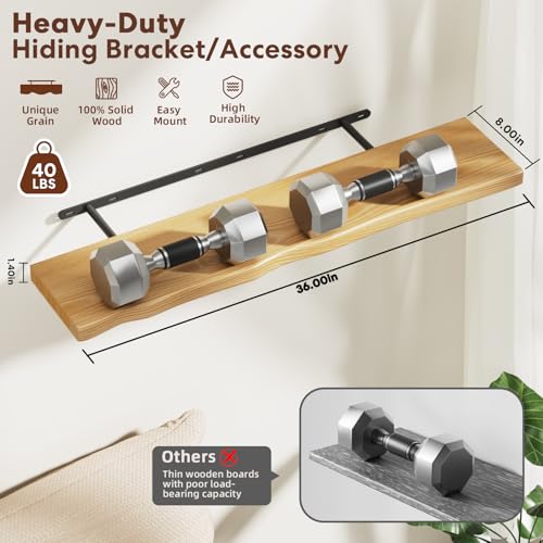Floating Shelves for Wall Rustic Farmhouse 36 Inch Floating Shelf Bathroom Wooden Shelves for Wall Mounted Live Edge Pine Shelf with Unique Natural Grain for Living Room Bedroom Kitchen (Natural) - color: Natural, size: 36 inch - 2pcs