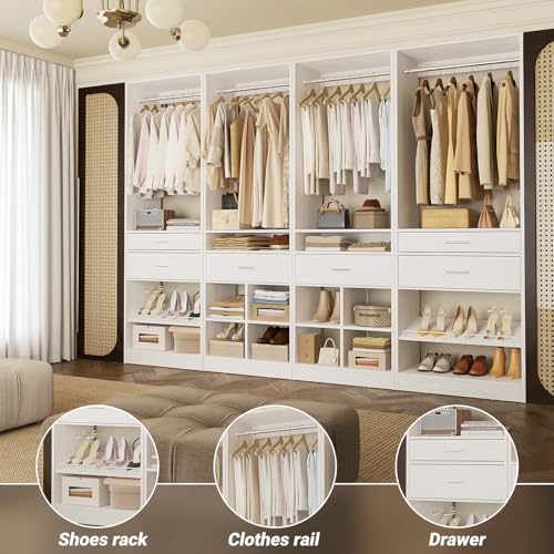 Unikito Closet System, 8.3FT Closet Organizer with 6 Wooden Drawers, Hanging Rods, Adjustable Shoe Rack and Cube Storage, Easy Assembly Wardrobe Tower, Set of 4, White - color: White, size: 100 Inch