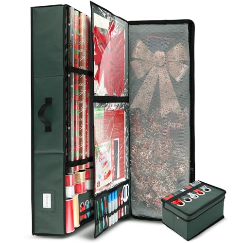 Hearth & Harbor Holiday Storage with Extra 2 PC of Christmas Storage Bins and Ribbon Storage Organizer - Fade Resistant Wrapping Paper Storage Containers with Wheels Fits Up to 30 Rolls of 40" Length - color: Green, size: Extra Large