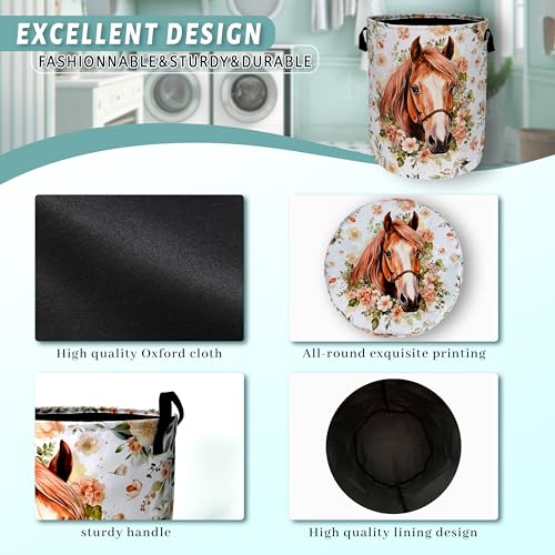 Watercolor Horse Laundry Basket Foldable With Handles Cute Animal Floral Tote Bag Oxford Cloth Colorful Laundry Hamper Clothes Toy Storage Bucket For Bathroom/Laundry/Bedroom 18.9" x 16.5 " - color: Watercolor Horse With Flowers Floral