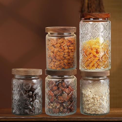 4-Pack 24 OZ Vintage Glass Jar with Lid, Airtight Food Storage Canisters with Bamboo for Kitchen Counter Pantry, Ideal for Coffee, Candy, Tea, Oats, Sugar, Cookies Decorative Jars - color: 24oz-2Sunflower+2Begonia