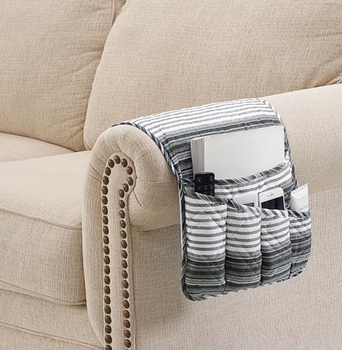 Brilliant Sunshine Multi Grey Stripes Patchwork Couch Armrest 5 Pockets Organizer, Slip Resistant Armchair Caddy, Washable Remote Controls Holder, Storage for Magazine, Tablet, Phone, iPad, Multi Grey - color: Multi Grey