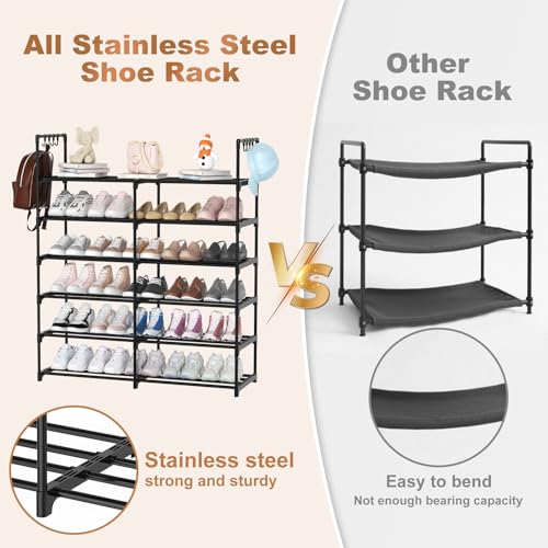 2-Row 6-Tier Stackable Shoe Rack, Black Metal Shoe Shelf with Multifunctional Hooks, Hold 24-30 Pairs, Space Saving Shoes Organizer for Closet,Show Rack - size: 2 Row 6 Tier