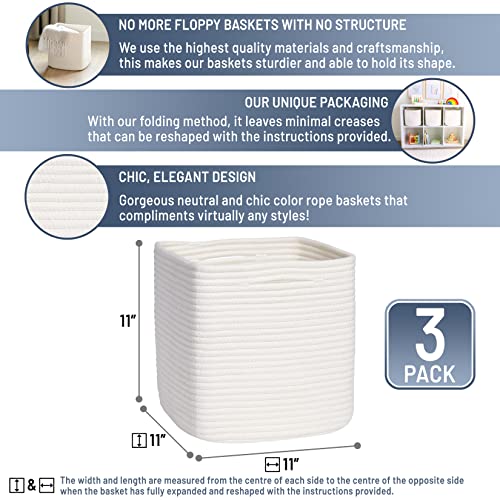 NaturalCozy Storage Cubes 11 Inch Cotton Rope Woven Baskets for Organizing, 3-Pack | Cube Storage Bin | Square Storage Baskets for Shelves Organizer, Classroom, Kids Toy Bins, Closet, Baby Nursery - color: Off White