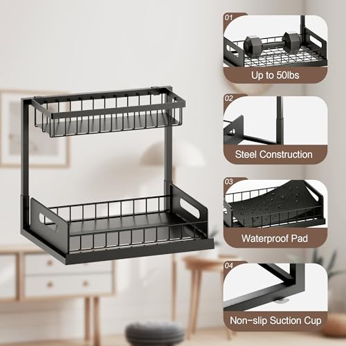 VUSIGN Under Kitchen Sink Organizer, 2 Tier Metal Slide out Sink Shelf Pull out Cabinet Organizer Drawers for Bathroom Kitchen Laundry, 2 Pack, Black - color: Black-2PCS