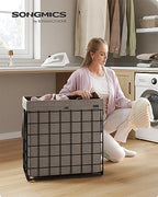 SONGMICS Laundry Hamper, 29 Gal. (110L) Laundry Basket, Collapsible Clothes Hamper, Removable and Washable Liner, Metal Wire Frame, for Bedroom Bathroom, Black and Camel Brown ULCB111N01 - color: Black + Camel Brown, size: 110 L