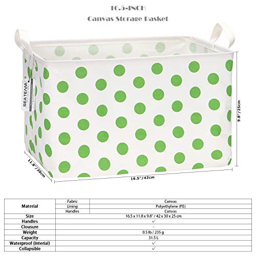 Sea Team Collapsible Canvas Fabric Storage Basket with Handles, Rectangle Waterproof Storage Bin, Box, Cube, Foldable Shelf Basket, Closet Organizer, 16.5 x 11.8 x 9.8 Inches, Green Dot - color: Dot/Green, size: 16.5 Inch (Pack of 1)