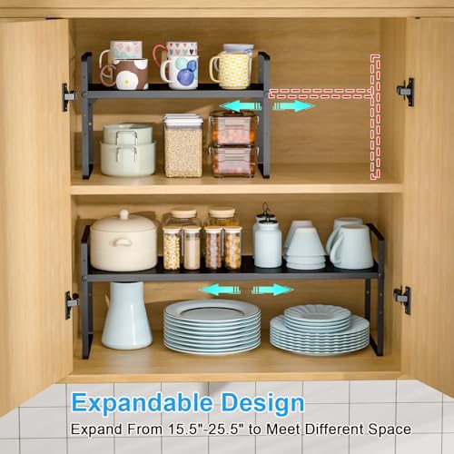 15.5 to 25.5 Inch Expandable Kitchen Cabinet Organizer Shelf, 2 Pack 30 LBS Heavy Duty Adjustable Kitchen Counter Storage Shelves Organizers,Stackable Small Storage Shelf Rack For Cabinet Cupboard - color: Black, size: 2 Pack:15.5"-25.5"Long