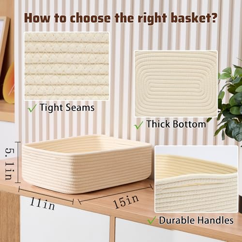 MiniArk Large Shallow Organizing Baskets 15x11x5.1 Inches - Rope Woven Storage Bins for Bathroom, Shelves, Cube Closet, Beige 2 Packs - color: Beige, size: 2pcs-L15×W11×H5.1"