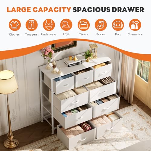 Sweetcrispy 9-Drawer Fabric Dresser Storage Tower with Wood Top and Steel Frame, Organizer Chest with Easy Pull Handles for Bedroom, Closet, Hallway,Pure White - color: White, size: 11.8"D x 39.6"W x 39.8"H (9 Drawers)