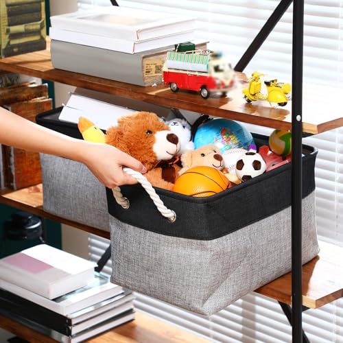meekoo 8 Pack Collapsible Storage Bins Fabric Storage Bins Polyester Fabric Baskets with Handles Linen Closet Organizer for Shelf Home Closet Towels Toys(15 x 11 x 9.5 in,Black Gray) - color: Black Gray, size: 15 x 11 x 9.5 In