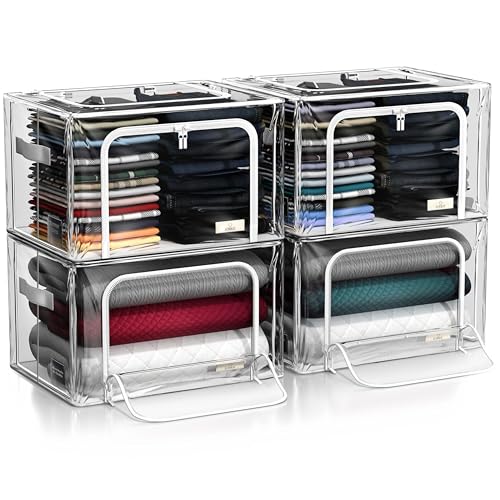 Sorbus Storage Bins with Metal Frame - Stackable & Foldable Clothes Organizer Bags - Clear Soft Plastic Storage Containers (4 Pack, Large) - size: Large, style: 4 Pack