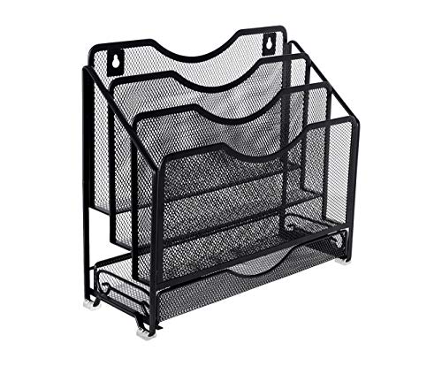 EasyPAG Mesh Desk Paper Organizer Wall Hanging File Holder with 3 Upright File Organizer and Sliding Drawer,Black - color: Black