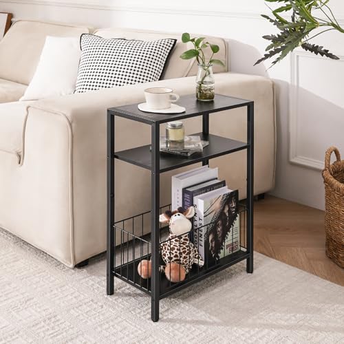 Yoobure Narrow Side Table with Storage Basket, Small End Table for Small Spaces, Skinny Side Tables Living Room Bedroom Office, Slim Nightstand 3 Tier Bedside Table Space-Saving for Magazine, Black - color: Black