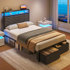 Fluest Twin Bed Frame with Storage Drawers, Upholstered Headboard with Charging Station, LED Lights, Fabric Drawers with Wheels, Under Bed Storage, No Box Spring Needed, Easy Assembly, Grey - size: Twin