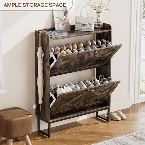 Nicetree Shoe Cabinet with 2 Flip Drawers, Freestanding Shoe Storage Cabinet with Metal Legs, Farmhouse Shoe Organizer for Entryway, Foyer, Hallway - color: Chestnut, style: 2-Drawers