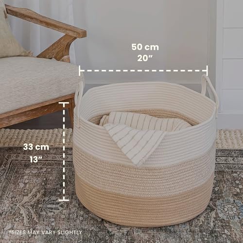 OrganiHaus Large Woven Storage Basket for Blankets and Toys 20" x 13" Inch, Rope Laundry Basket with Handles, Cushions & Pillows Storage Bin, Nursery Hamper, Soft Round Dog Toy Bin - Honey - color: 3-toned Honey, size: Wide