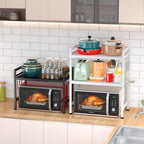 PUSDON Textured Black Microwave Oven Rack, Expandable 2-Tier Kitchen Countertop Organizer, Heavy Duty Carbon Steel Stand with 3 Hooks, Adjustable Height & Length - color: Textured Black, size: H-frame 2 tier