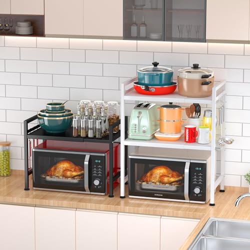 PUSDON Textured Black Microwave Oven Rack, Expandable 2-Tier Kitchen Countertop Organizer, Heavy Duty Carbon Steel Stand with 3 Hooks, Adjustable Height & Length - color: Textured Black, size: H-frame 2 tier