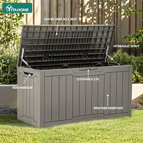 YITAHOME 80 Gallon Resin Deck Box, Waterproof Outdoor Storage Box, Lockable Indoor Outdoor Storage Bench for Supplies and Essentials, Taupe - color: Taupe, size: 80 Gallon, style: Deck Box