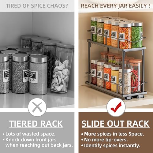 1 Packs Pull Out Spice Rack Organizer for Cabinet, 2-Tier Slide Out Seasoning Organizer, Narrow Cabinet Spice Rack, 10.7" Dx4.8 Wx8.85 H, Full Extension Ball Bearing Glides, Kitchen Pantry Organizer - size: 1 Pack